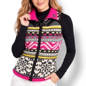 Vintage Icelandic Design Fair Isle Knit Vest Wool Blend Zip Front Large Warm Ski